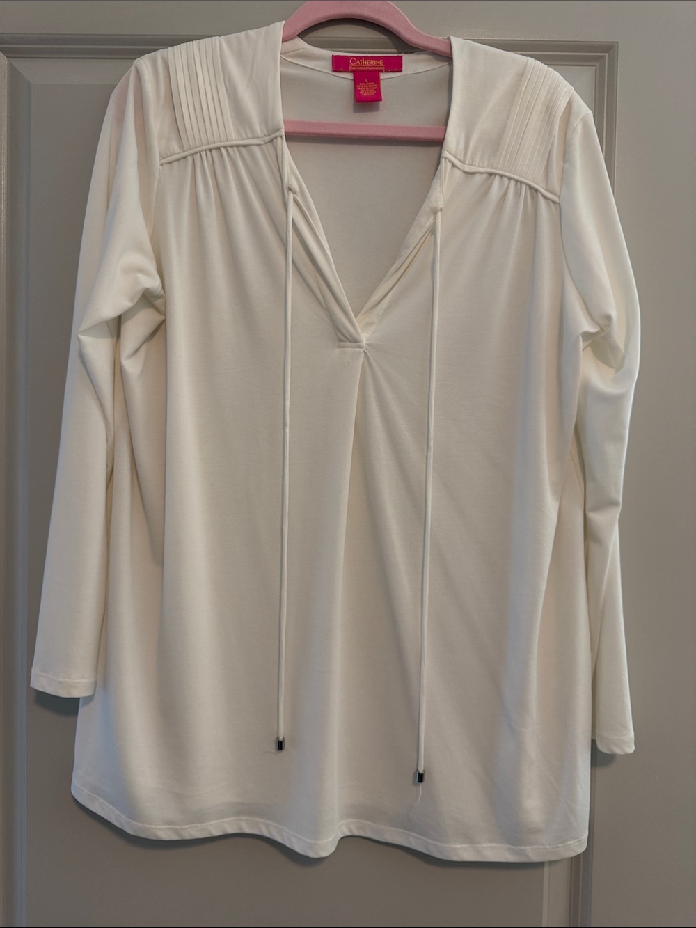 Catherines Cream V-Neck Long Sleeve Tunic with Front Ties